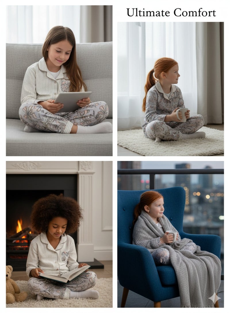 Joanna Girls Cotton Night Suit Set, Solid Plain Full Sleeve Top and Pajama, Soft Comfortable Kids Nightwear Sleepwear - Image 3